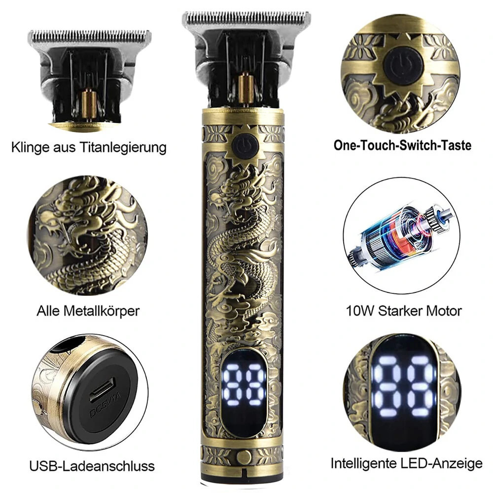 (image for) T9 Powerful Electric Hairdresser Metal Body, USB Charging, LED Screen Display Engraving Razor Hair Clippers